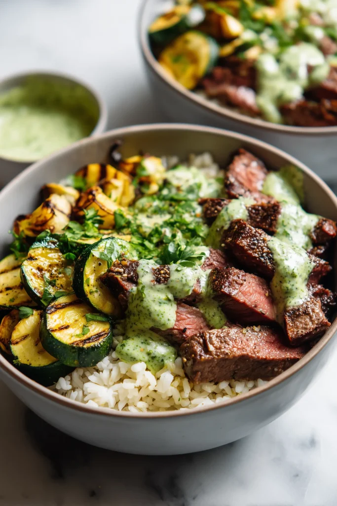 Bright bowl with juicy grilled steak, zucchini, rice, and creamy herb sauce representing the Grilled Steak Bowl with Creamy Herb Sauce and Grilled Zucchini Recipe.