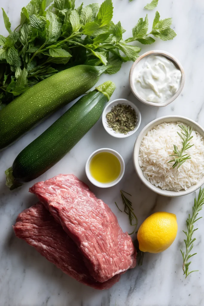 Grilled Steak Bowl with Creamy Herb Sauce and Grilled Zucchini Recipe 2 Recipe ingredients laid out for the Grilled Steak Bowl with Creamy Herb Sauce and Grilled Zucchini Recipe, including steak, zucchini, fresh herbs, and sauce essentials.