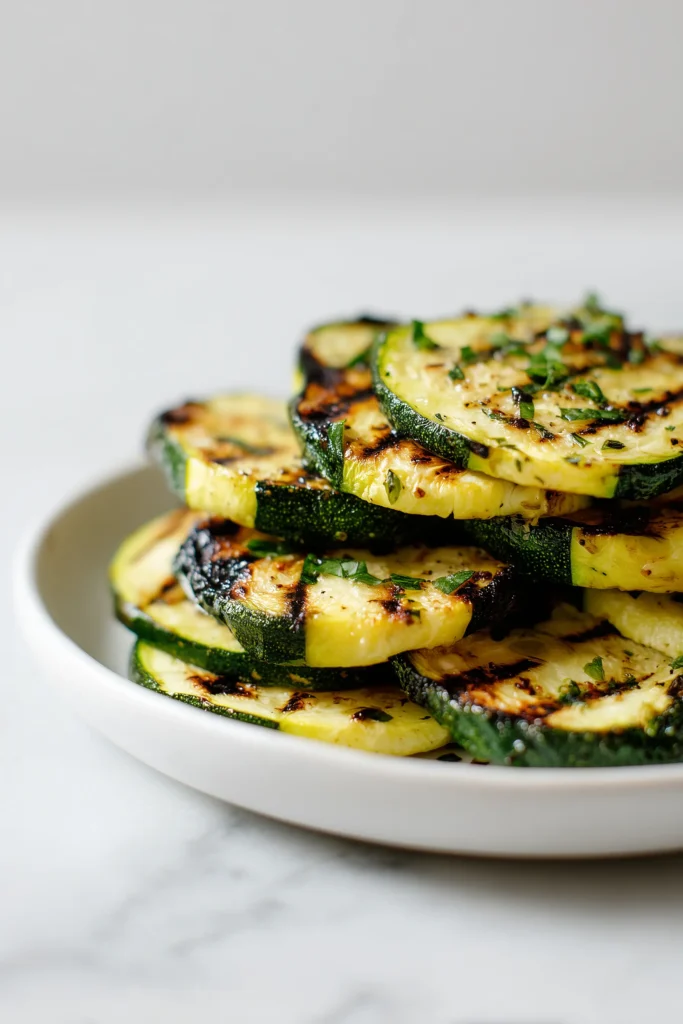 Grilled Steak Bowl with Creamy Herb Sauce and Grilled Zucchini Recipe 3 Close-up of golden brown grilled zucchini with fresh herbs for Grilled Steak Bowl with Creamy Herb Sauce and Grilled Zucchini Recipe.