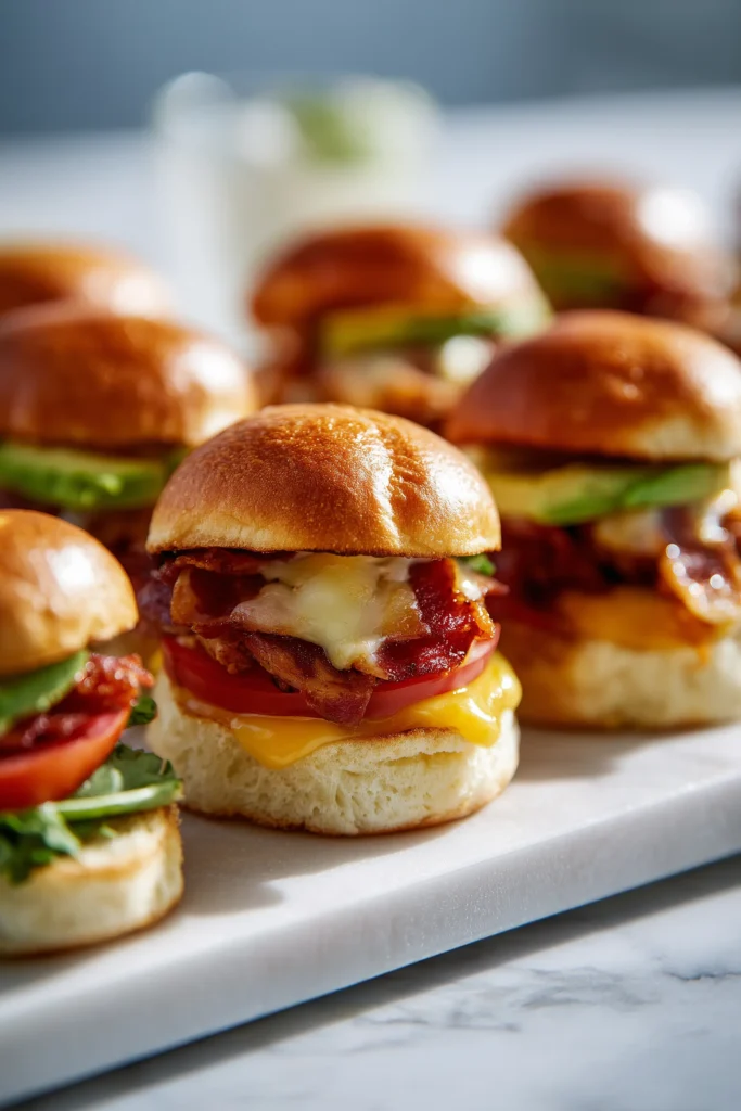 Honey Mustard BLT Chicken Sliders 3 Overhead image of assembling Honey Mustard BLT Chicken Sliders with chicken, cheese, bacon, avocado, and tomato on split buns.
