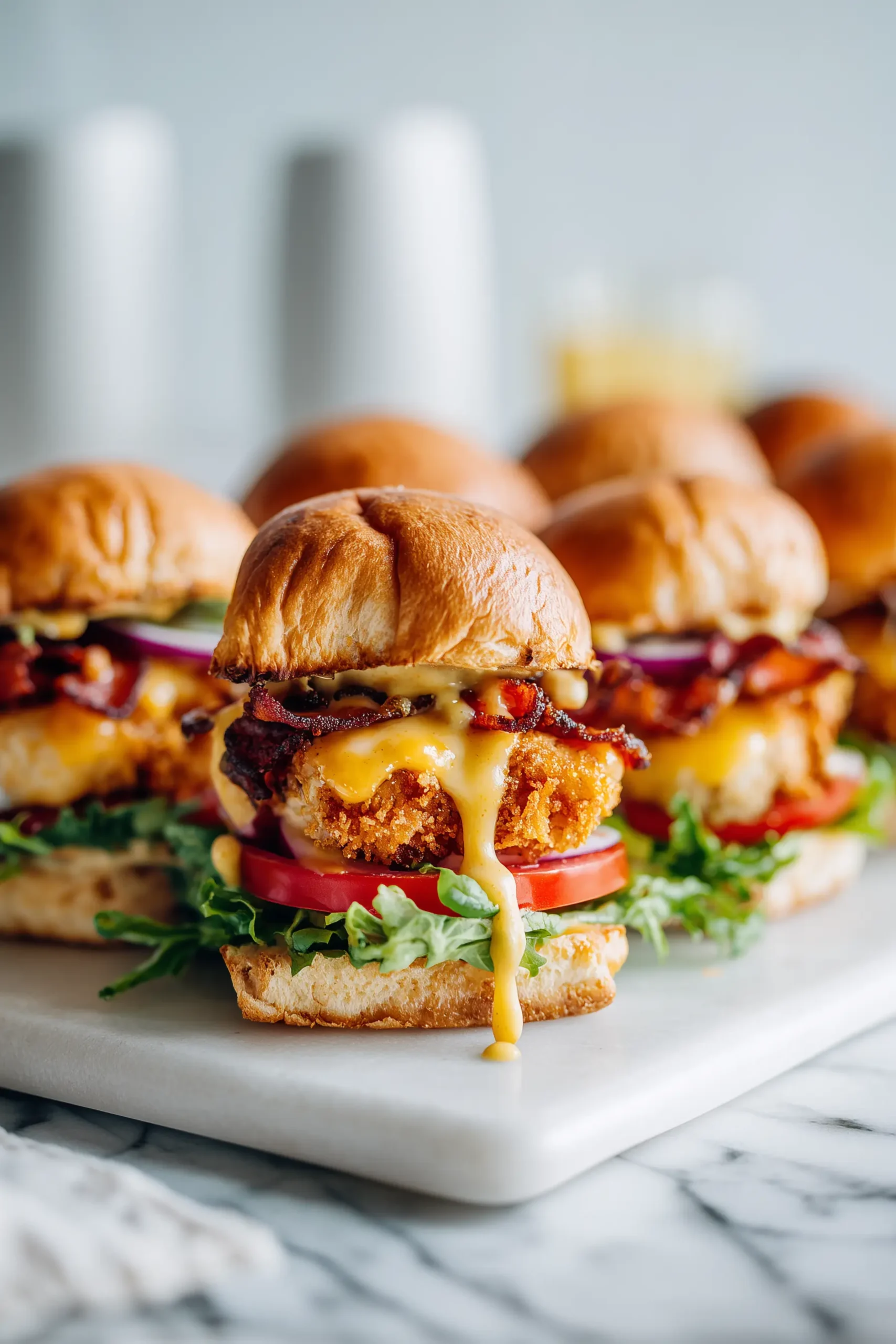 A tray of Honey Mustard BLT Chicken Sliders featuring crispy chicken, bacon, lettuce, tomato, cheese, and honey mustard on slider buns.