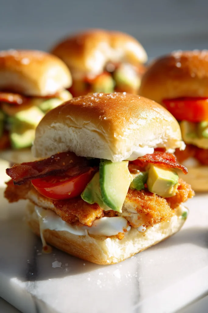 Honey Mustard BLT Chicken Sliders 2 Key ingredients for Honey Mustard BLT Chicken Sliders including chicken tenders, cheese, bacon, slider buns, honey mustard, avocado, and tomatoes on a light background.