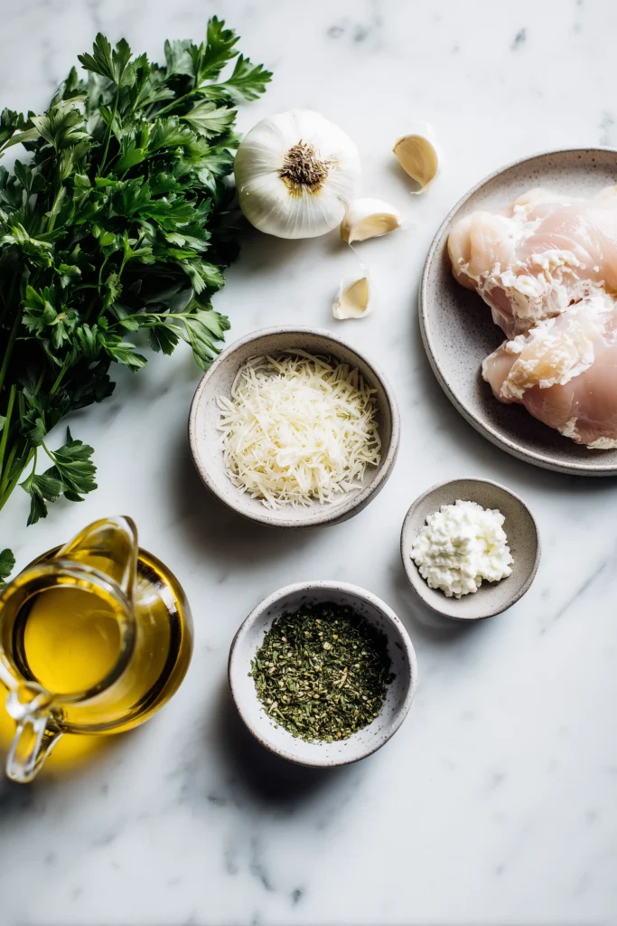 Flat lay of raw chicken, Parmesan, garlic, onion, herbs, and cream for making Garlic Parmesan Chicken Soup.