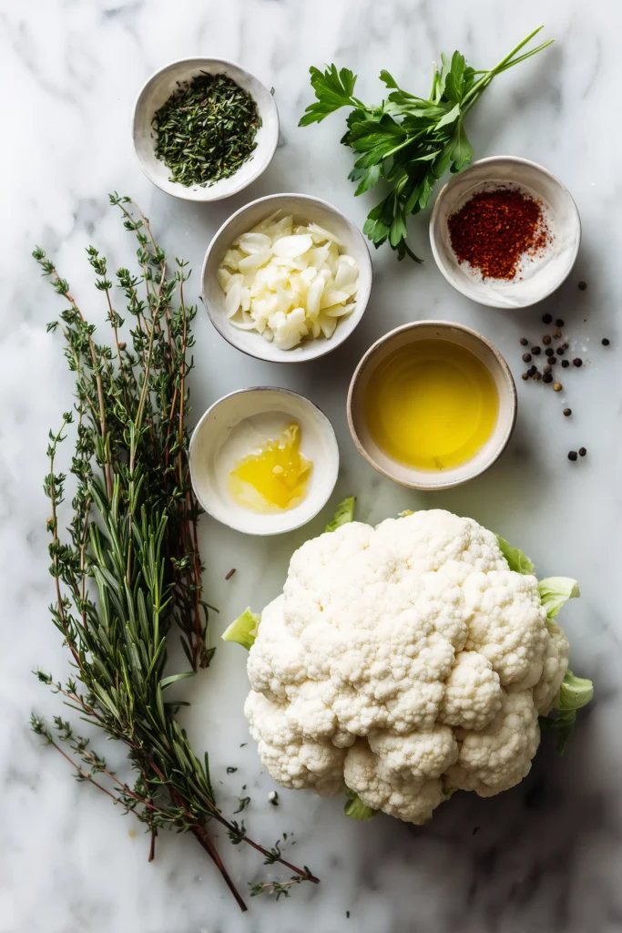 Overhead view of cauliflower, garlic, herbs, and seasonings on marble for Garlic Roasted Cauliflower.