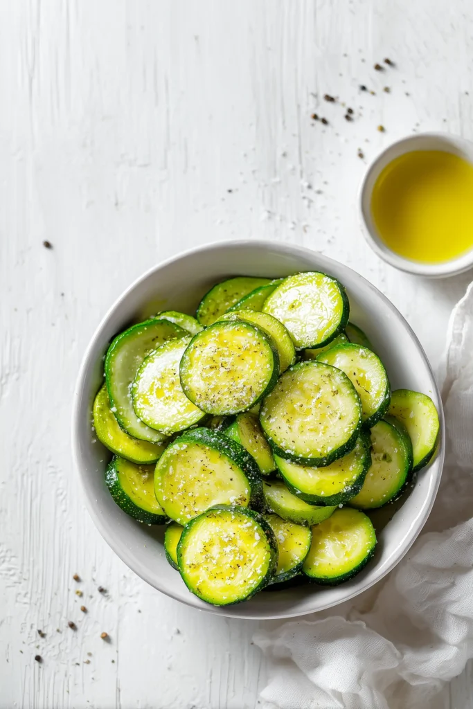 Low Carb Baked Zucchini Chips 2 Fresh zucchini, olive oil, salt, pepper, and seasonings for low carb baked zucchini chips on a light wood surface.