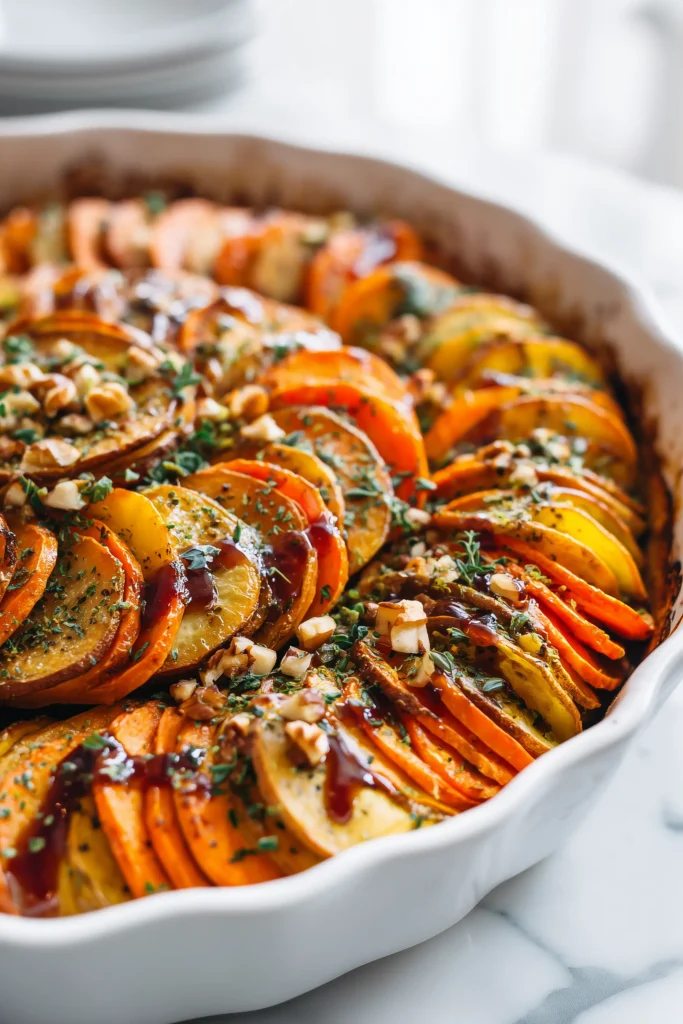 Close-up of Layered Sweet Potato Squash Carrot Bake with Cranberry Maple Drizzle, showing golden slices and vibrant cranberry sauce.