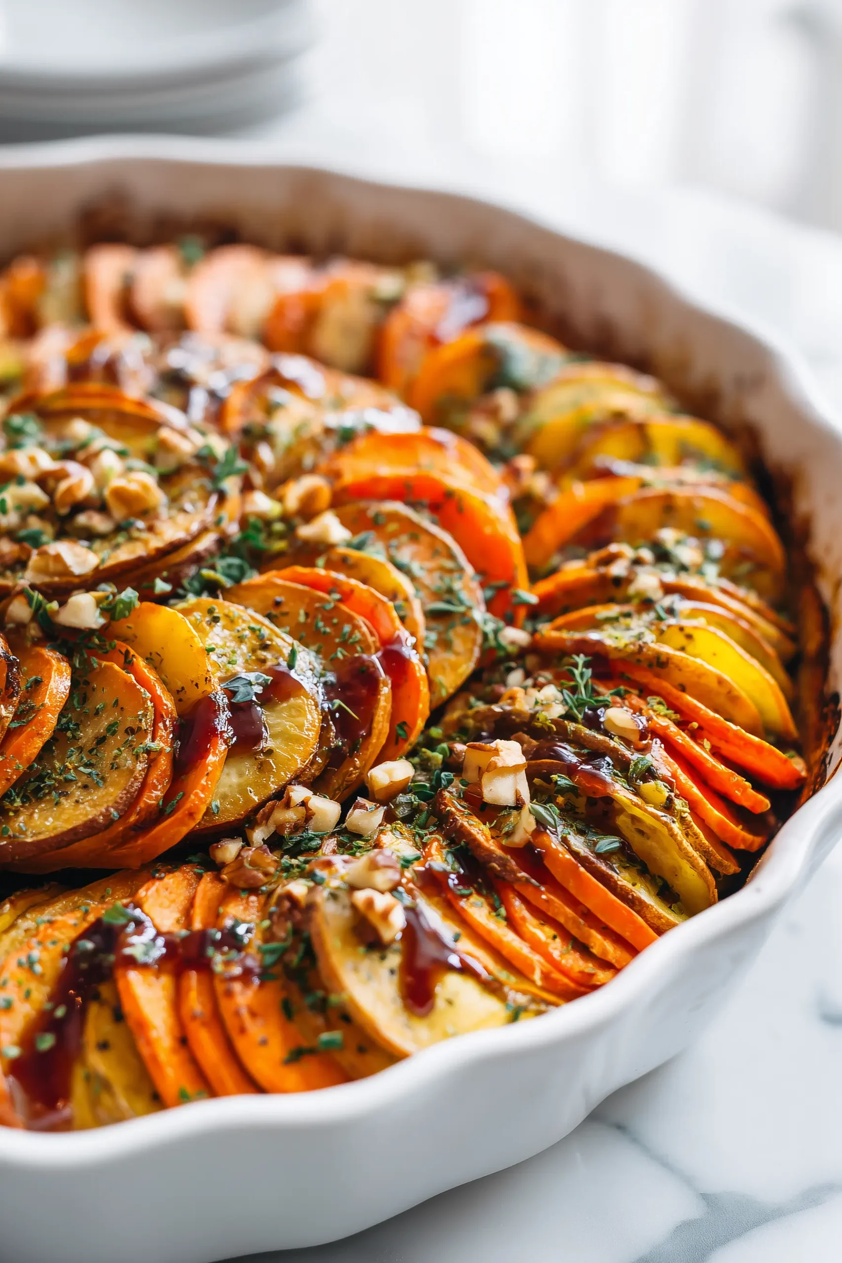 Close-up of Layered Sweet Potato Squash Carrot Bake with Cranberry Maple Drizzle, showing golden slices and vibrant cranberry sauce.