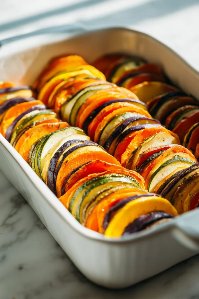 Veggies arranged in colorful layers for Layered Sweet Potato Squash Carrot Bake with Cranberry Maple Drizzle before baking.