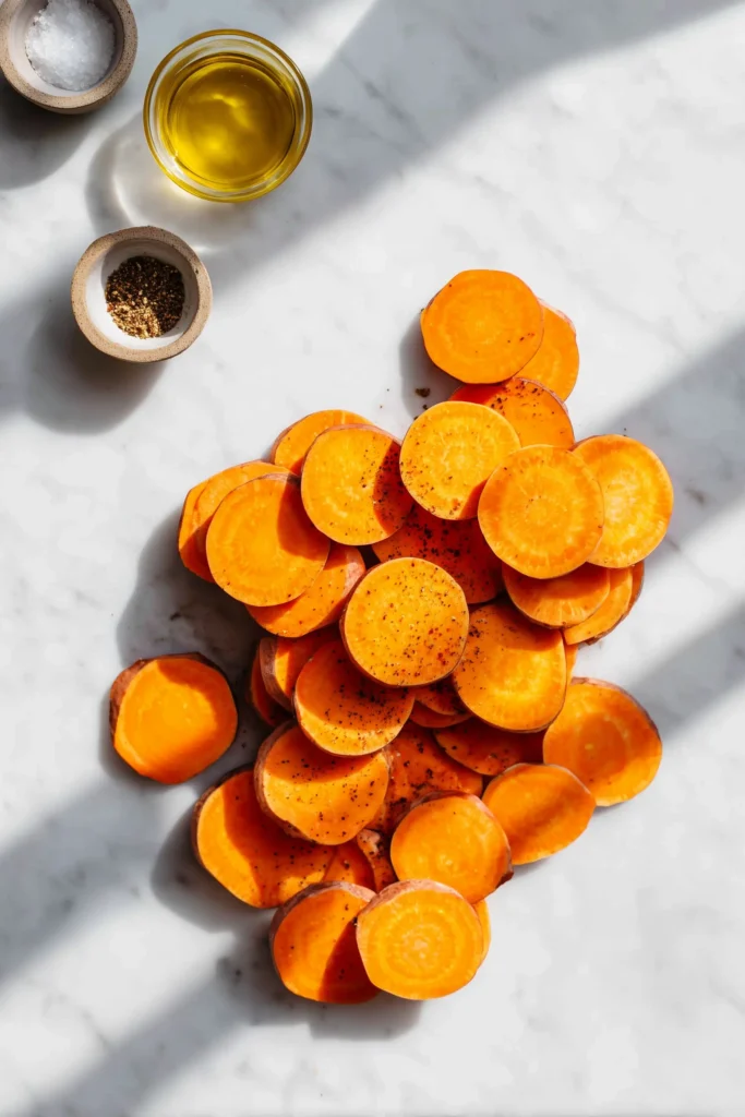 Sliced sweet potatoes, butternut squash, and carrots prepped for Layered Sweet Potato Squash Carrot Bake with Cranberry Maple Drizzle.