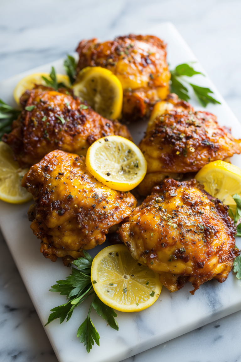 Golden Lemon Pepper Chicken Thighs with lemon slices and black pepper on a bright marble background.