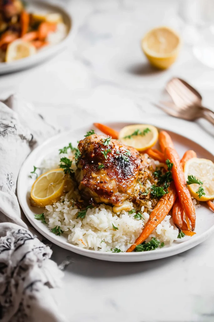 Plated Lemon Pepper Chicken Thighs with rice, roasted carrots, and lemon wedges on a marble background.