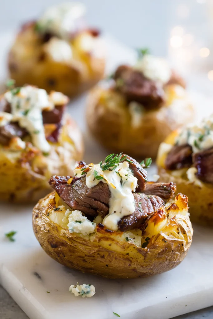 A baked potato being opened and topped with steak bites and sauce for Loaded Baked Potato with Steak Bites.