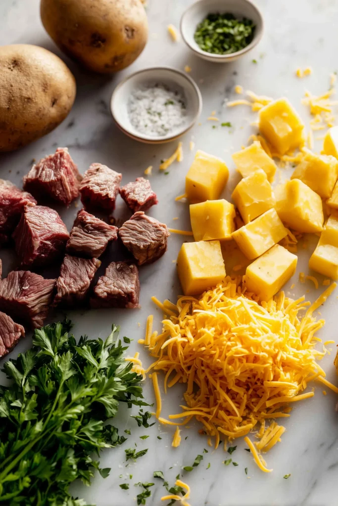 Flat lay of potatoes, steak, cheese, and seasonings for Loaded Baked Potato with Steak Bites on a bright surface.