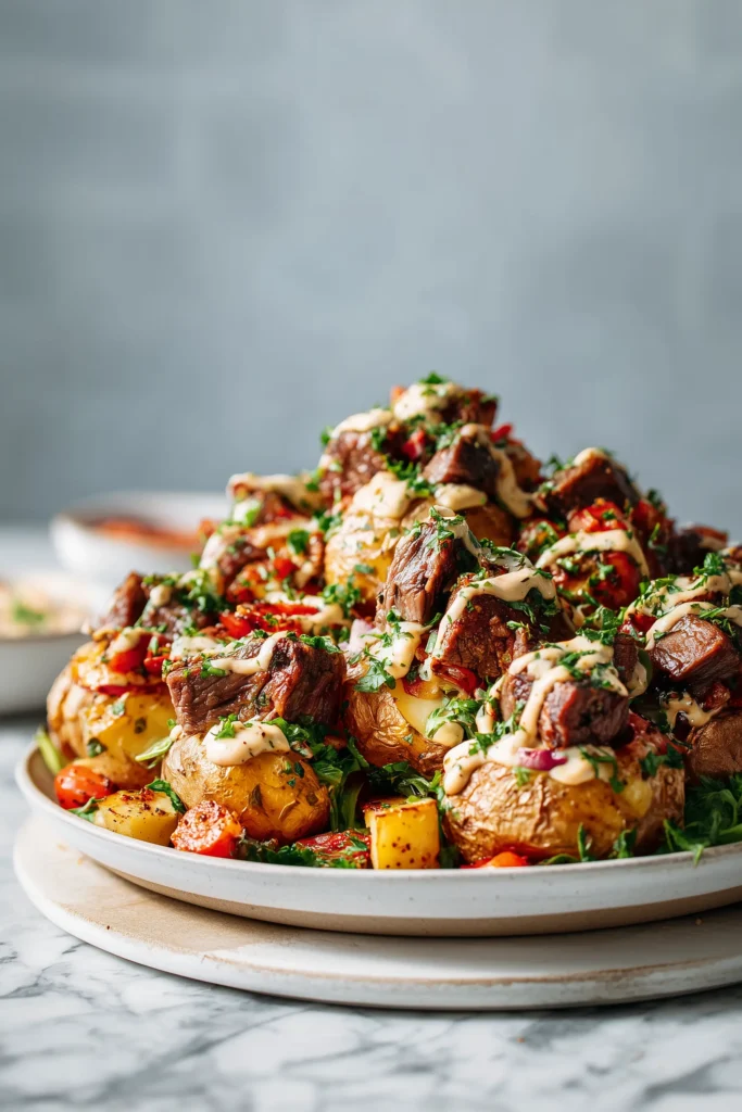 Platter of Loaded Baked Potato with Steak Bites, surrounded by veggies and salad, on a light background.