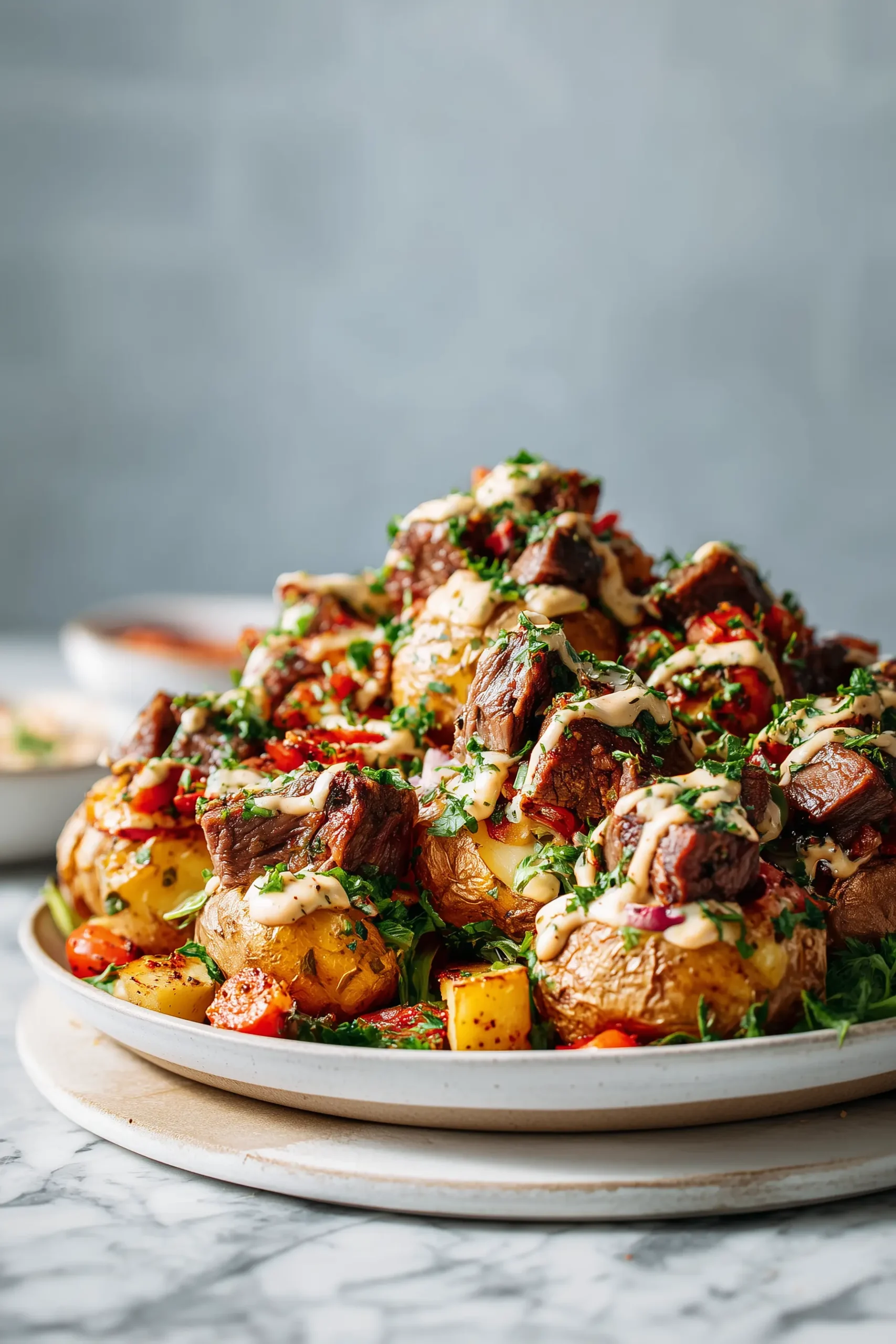 Platter of Loaded Baked Potato with Steak Bites, surrounded by veggies and salad, on a light background.
