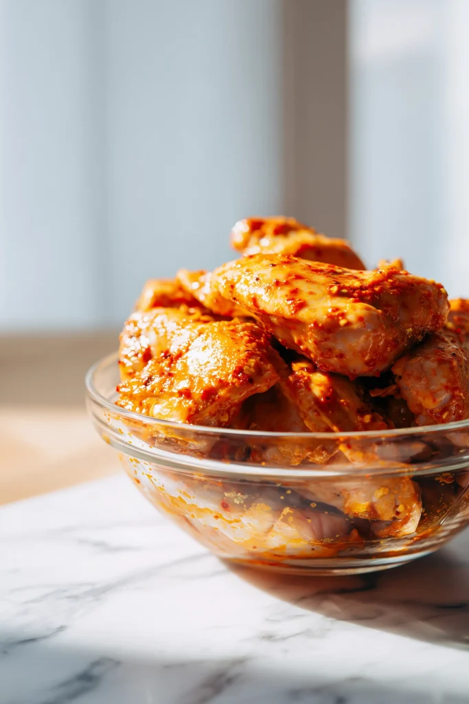 Chicken thighs marinated in a red honey harissa sauce for Cava Honey Harissa Chicken Bowls.