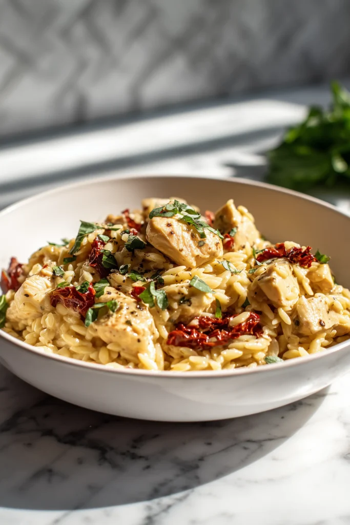 A close-up of Marry Me Chicken Orzo in a white shallow bowl with golden chicken, sun-dried tomatoes, creamy parmesan sauce, and fresh basil.