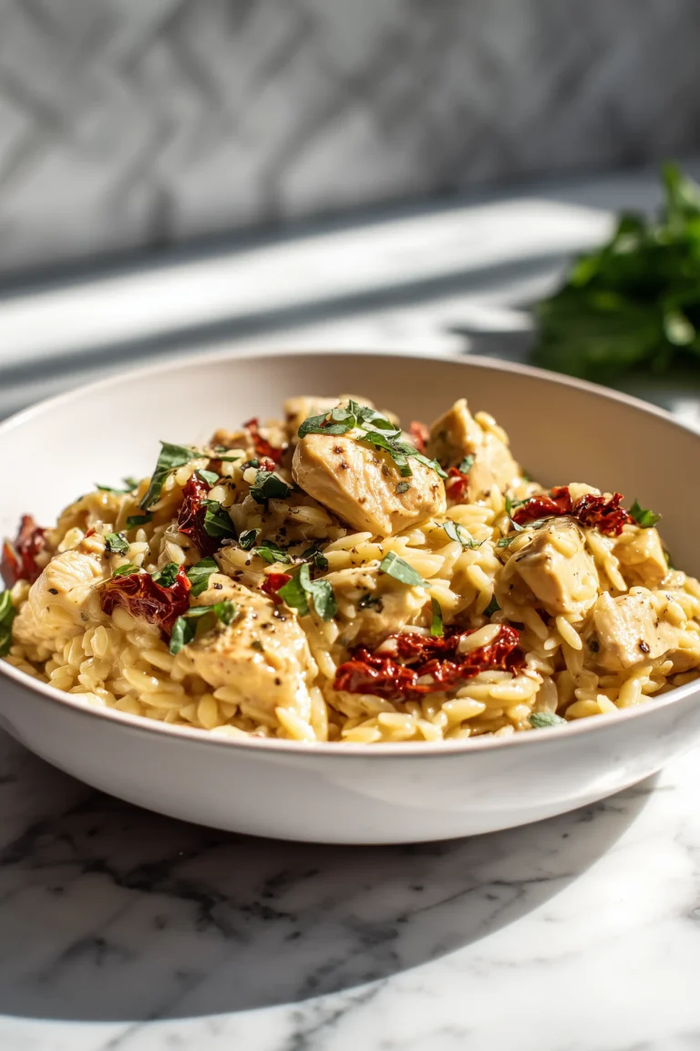A close-up of Marry Me Chicken Orzo in a white shallow bowl with golden chicken, sun-dried tomatoes, creamy parmesan sauce, and fresh basil.