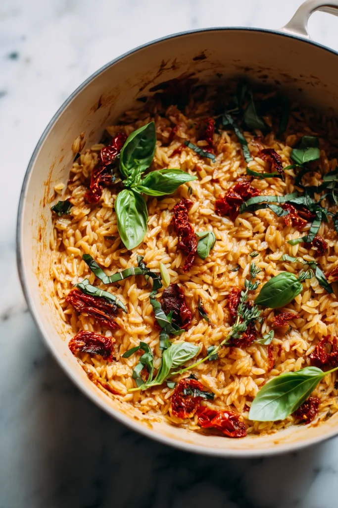 Marry Me Chicken Orzo 2 Orzo pasta, sun-dried tomatoes, and seasonings sautéing in a large pot for Marry Me Chicken Orzo.