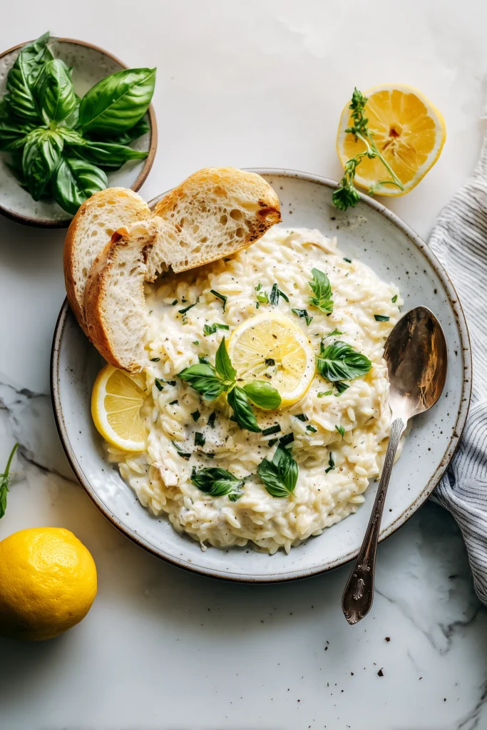 Marry Me Chicken Orzo 3 Platter of Marry Me Chicken Orzo with bread slices, basil garnish, lemon wedges, and green salad nearby.