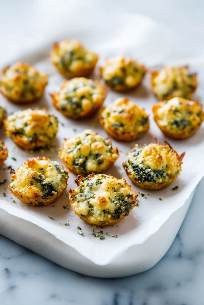 Mediterranean Spinach and Feta Cheese Crisps 1 Golden Mediterranean Spinach and Feta Cheese Crisps with crisp edges and melted cheese on a white marble background.