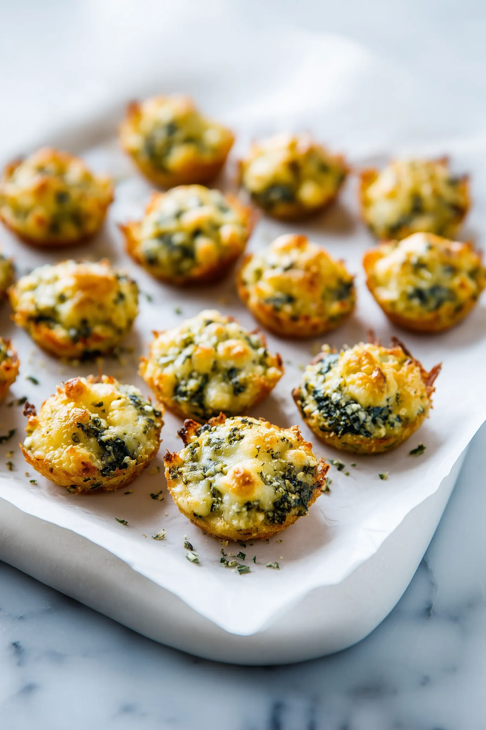 Golden Mediterranean Spinach and Feta Cheese Crisps with crisp edges and melted cheese on a white marble background.