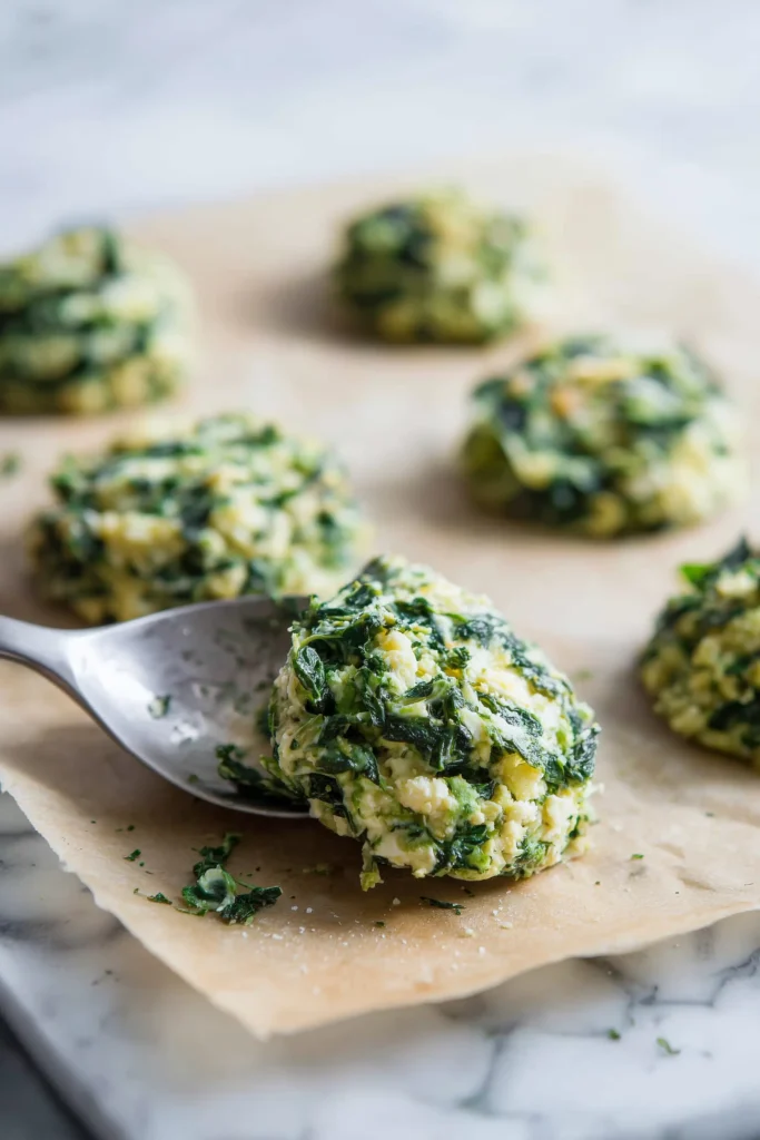 Mediterranean Spinach and Feta Cheese Crisps 3 Spinach and feta mixture shaped into rounds for Mediterranean Spinach and Feta Cheese Crisps on parchment paper.