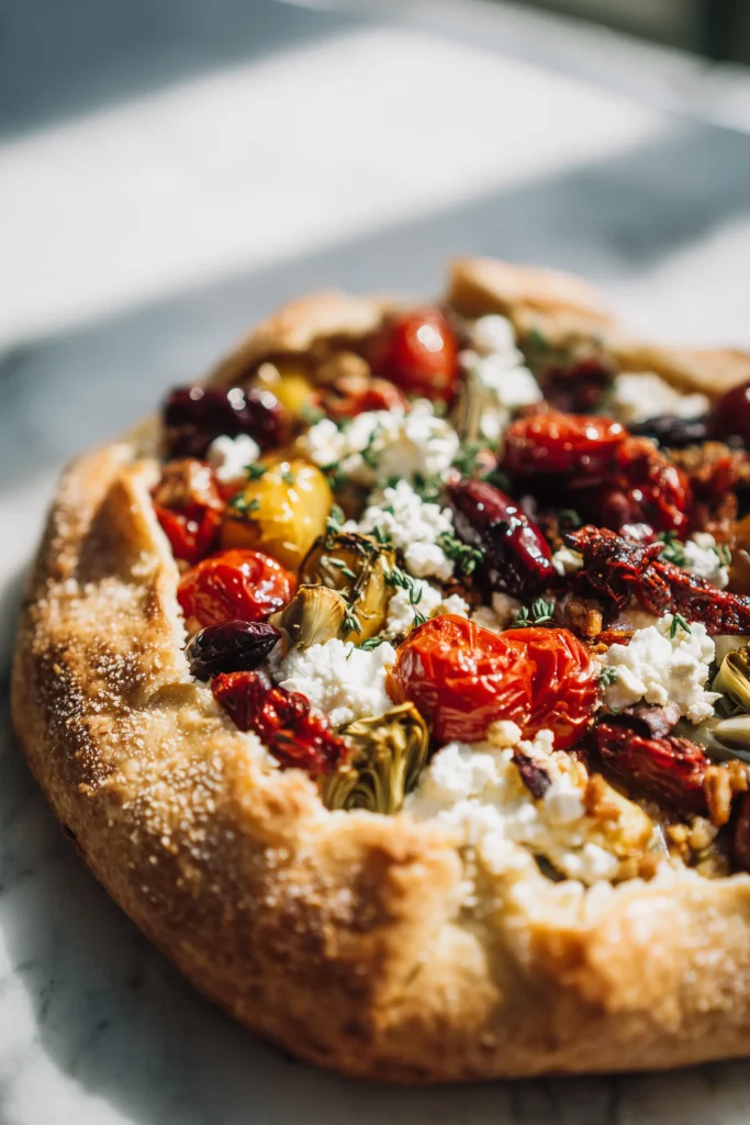 Mediterranean Vegetable Galette 2 Close-up of the Mediterranean Vegetable Galette center showing roasted vegetables, cheese, and golden pastry.
