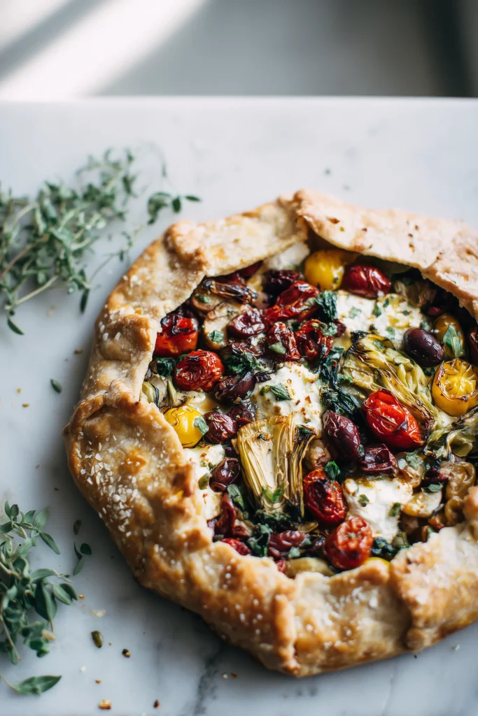 Mediterranean Vegetable Galette 1 A Mediterranean Vegetable Galette with a golden crust and colorful roasted vegetables arranged on a marble surface.