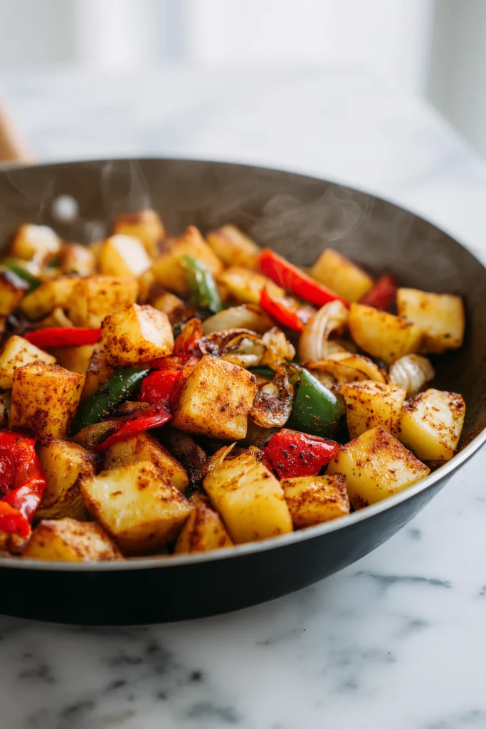 Mexican Potatoes with golden crunchy edges and sautéed vegetables cooking in a skillet.