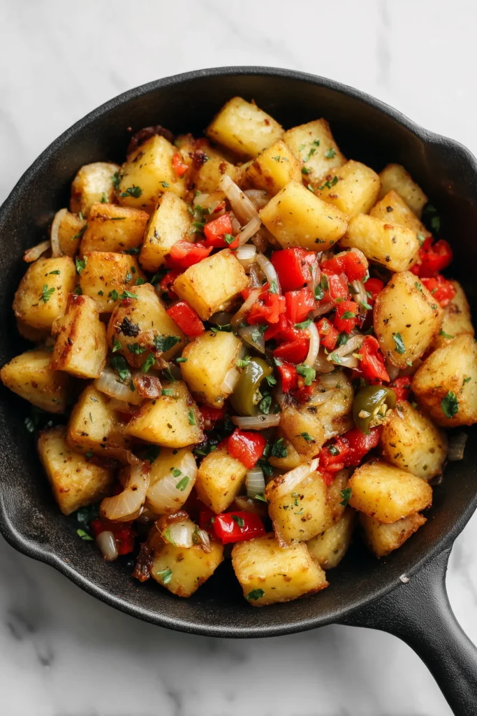 Golden, crispy Mexican Potatoes with jalapeños and tomatoes in a skillet.