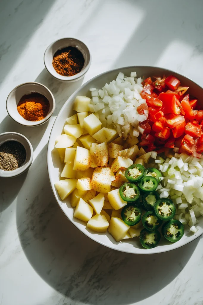 Ingredients for Mexican Potatoes, including diced potatoes, onion, jalapeño, garlic, tomatoes, and spices, arranged on marble.