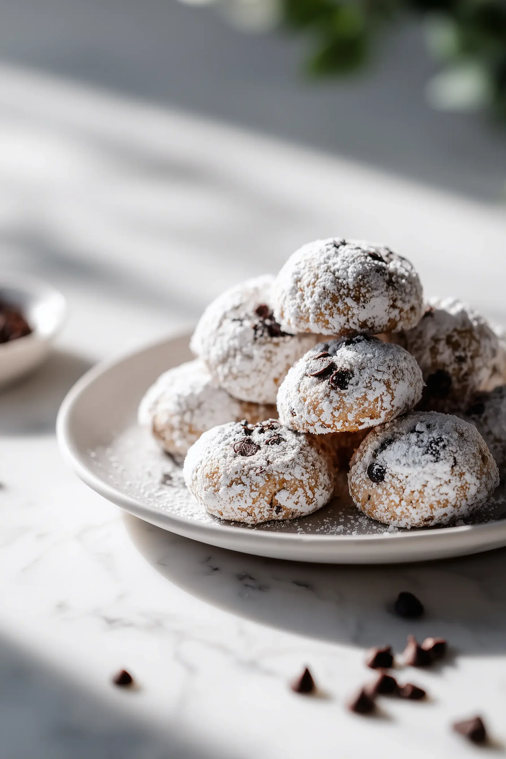 A plate of mint chocolate chip snowball cookies coated in powdered sugar, with chocolate chips and a hint of green, on a white marble background.