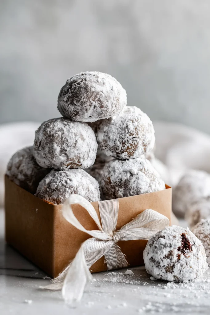 Mint chocolate chip snowball cookies coated in powdered sugar, packed in a parchment-lined gift box with a ribbon.