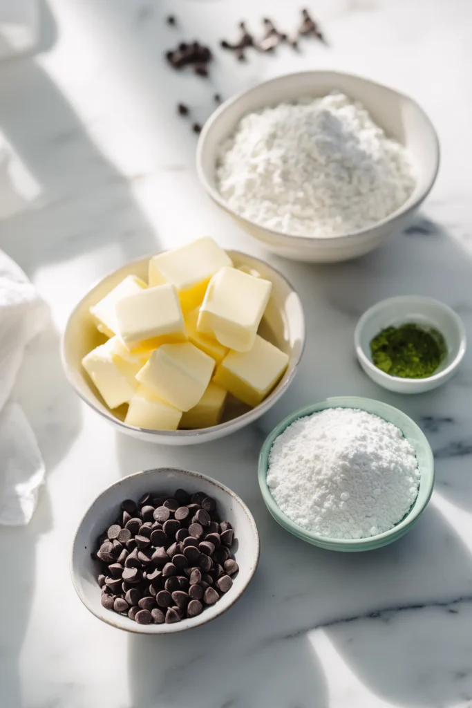 All the ingredients for mint chocolate chip snowball cookies—flour, sugar, butter, chocolate chips, peppermint, and green coloring—arranged on white marble.