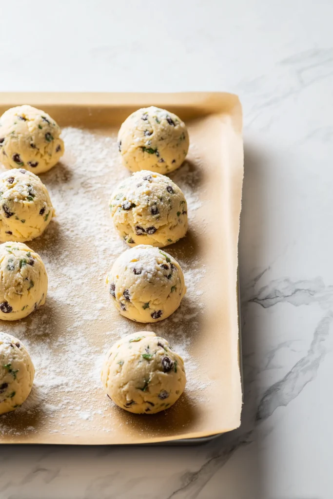 Rows of mint chocolate chip snowball cookie dough balls with chocolate chips and green tint on a parchment-lined baking sheet.