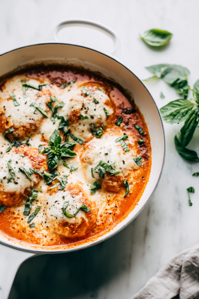 Overhead shot of Mozzarella Chicken in Basil Cream Sauce in a white skillet, golden cheese melted over chicken, with vibrant basil in a creamy sauce.