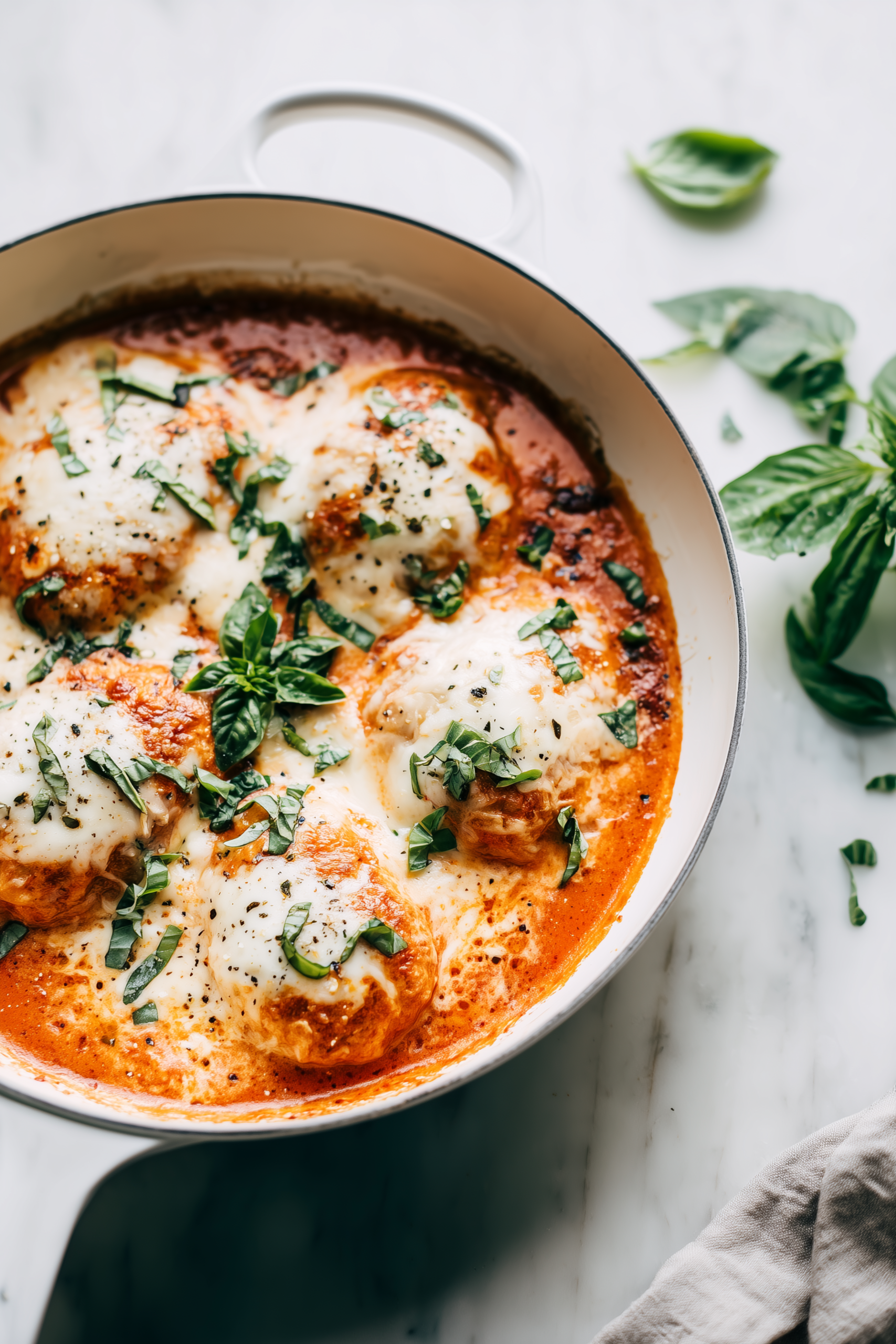 Overhead shot of Mozzarella Chicken in Basil Cream Sauce in a white skillet, golden cheese melted over chicken, with vibrant basil in a creamy sauce.