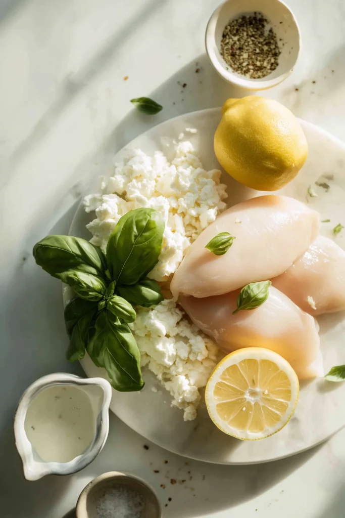 Top-down view of chicken, mozzarella, basil, cream, spices, and lemon for Mozzarella Chicken in Basil Cream Sauce on marble.
