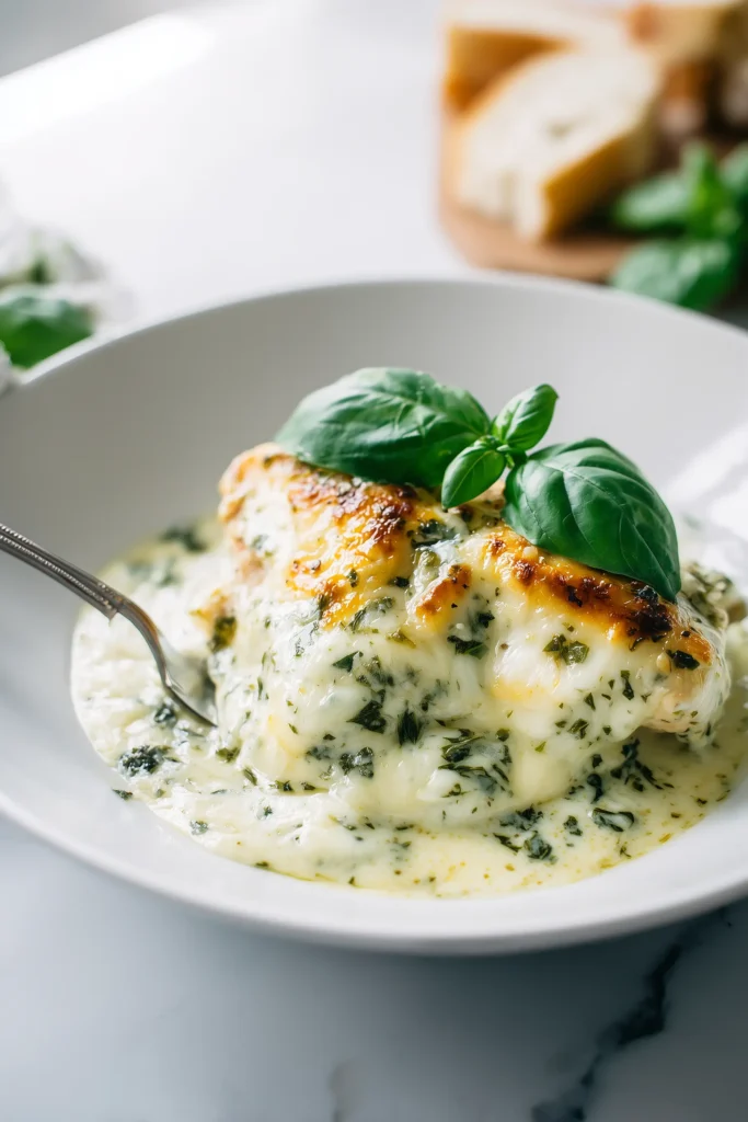 Plate of Mozzarella Chicken in Basil Cream Sauce with melty cheese, basil garnish, and creamy sauce.