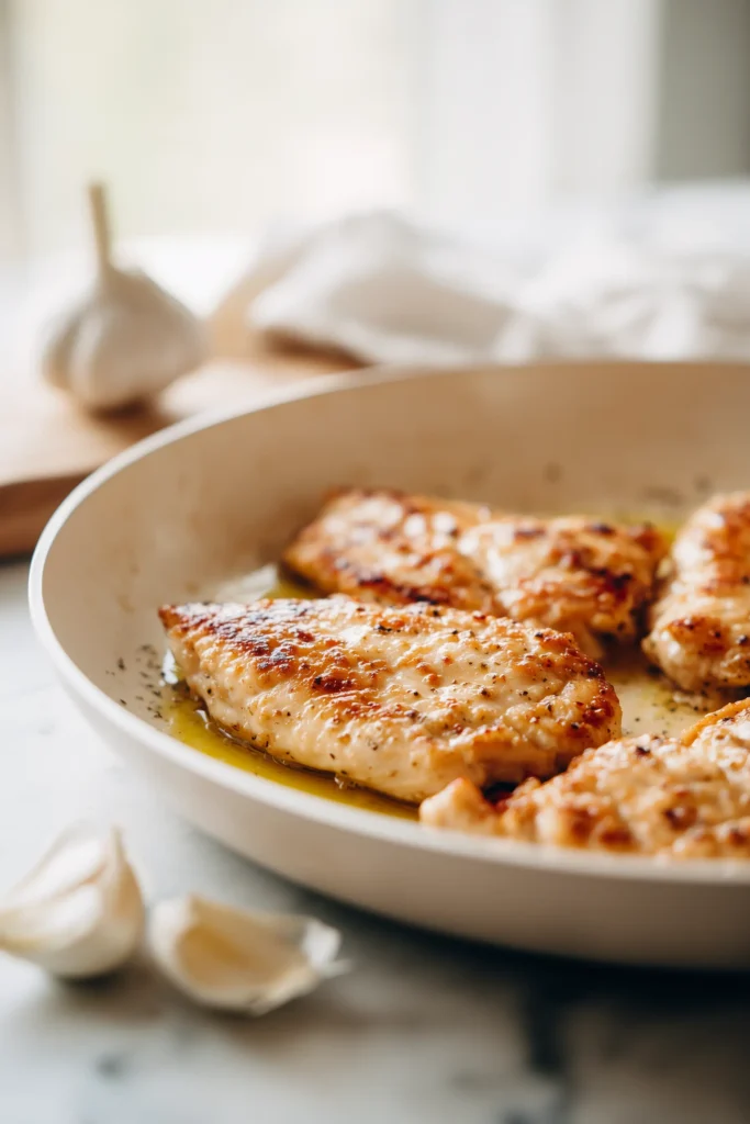 Chicken breasts sizzling in a white skillet, turning golden for Mozzarella Chicken in Basil Cream Sauce.