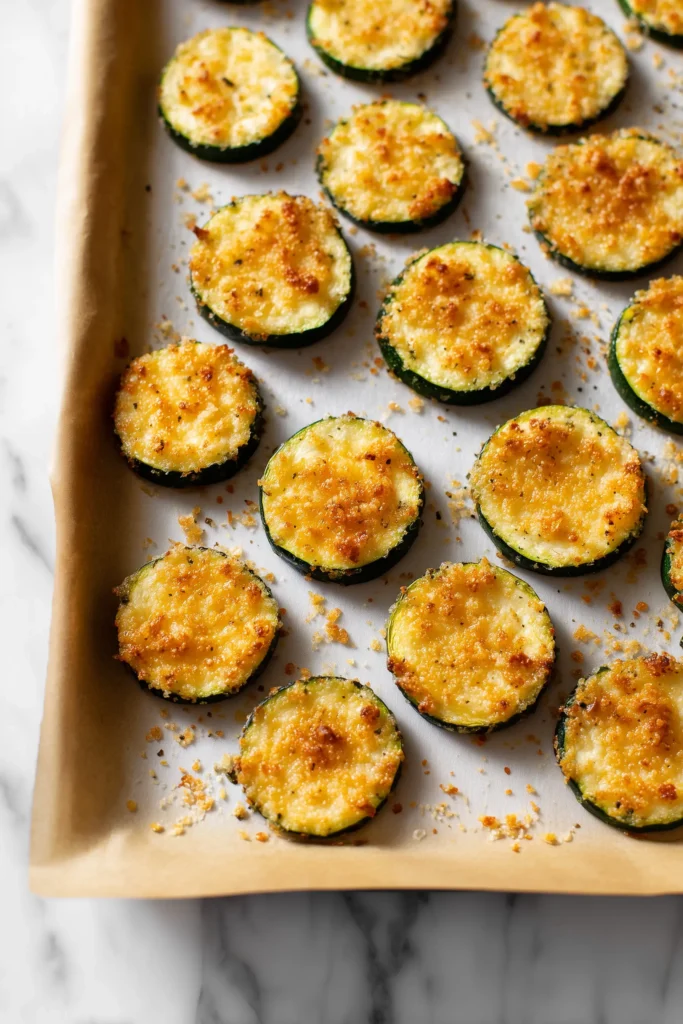 Low Carb Baked Zucchini Chips 3 Ultra-thin zucchini slices on a parchment-lined baking sheet crisping for low carb baked zucchini chips.