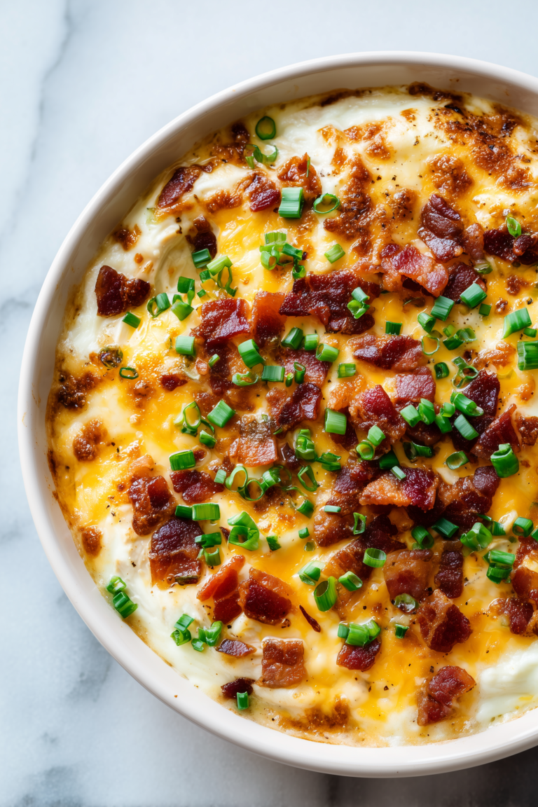 A dish of Pepper Jack Crack Chicken Recipe, bubbling with melted cheese and topped with bacon and green onions on a bright surface.