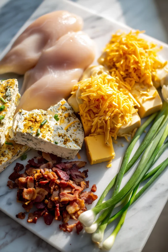 Overhead image of Pepper Jack Crack Chicken Recipe ingredients on a bright marble counter: chicken, cheese, bacon, ranch, and green onions.