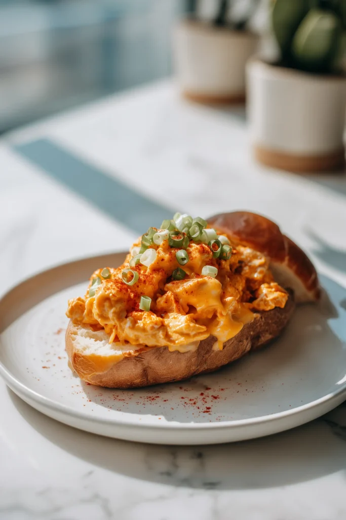Pepper Jack Crack Chicken Recipe served over a baked potato with a roll on a bright plate.