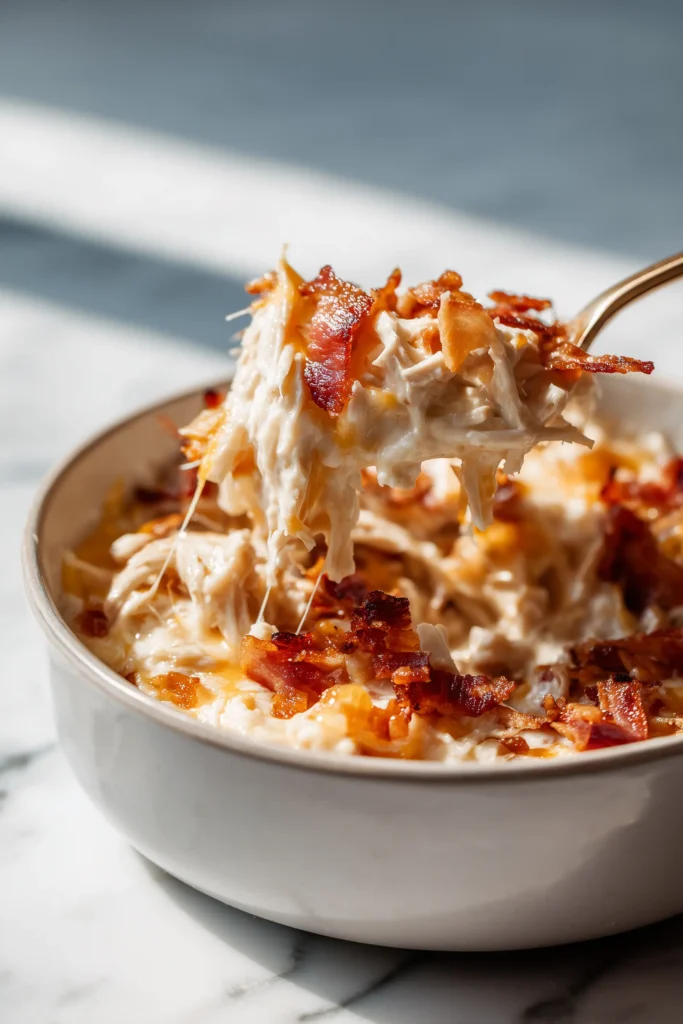 Slow cooker shot of Pepper Jack Crack Chicken Recipe with shredded chicken, melted cheese, and bacon.