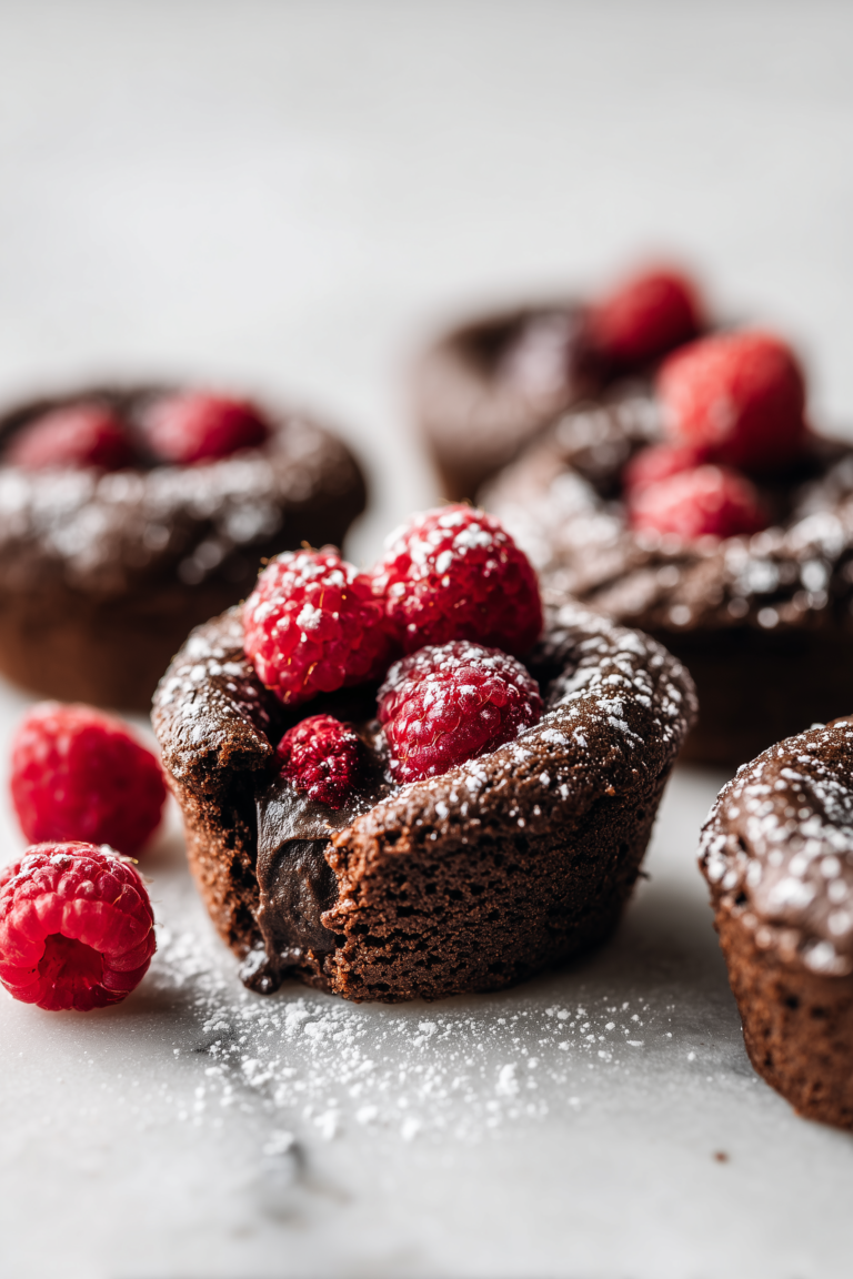 A Raspberry Chocolate Lava Cupcake with gooey molten chocolate center and fresh raspberries on a white marble background.
