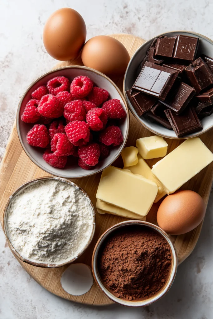 Ingredients for Raspberry Chocolate Lava Cupcakes including chocolate, raspberries, eggs, flour, and butter on a light wooden board.