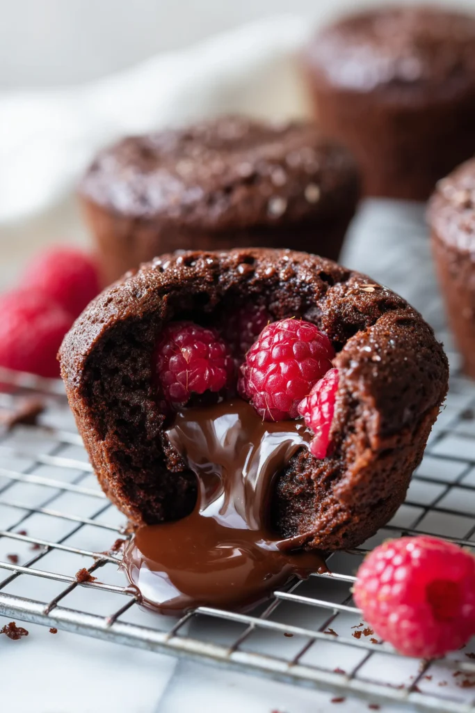 A split Raspberry Chocolate Lava Cupcake with molten chocolate and raspberries on a cooling rack.