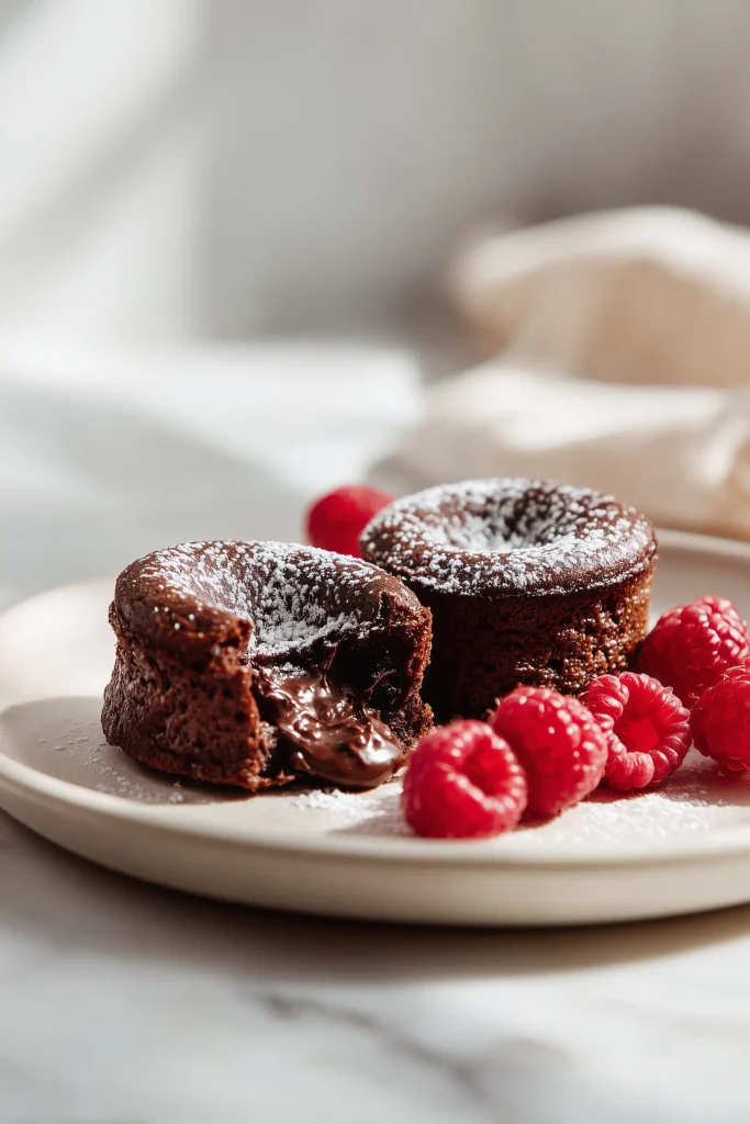 Raspberry Chocolate Lava Cupcakes served on a plate with fresh raspberries and a dusting of powdered sugar.